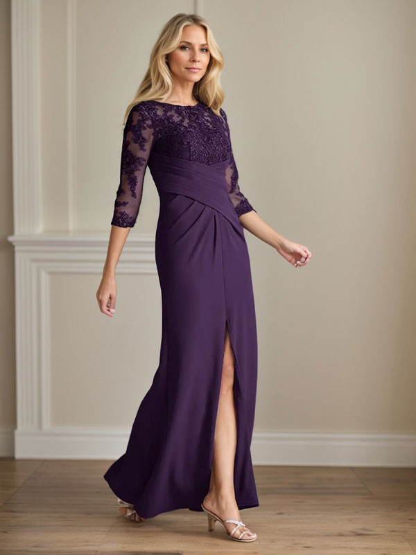 Vestido para madre de la novia de crepé elástico con encaje color ciruela