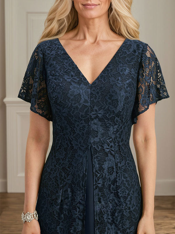 Vestido de gasa con encaje y escote en V para madre de la novia, largo hasta la rodilla
