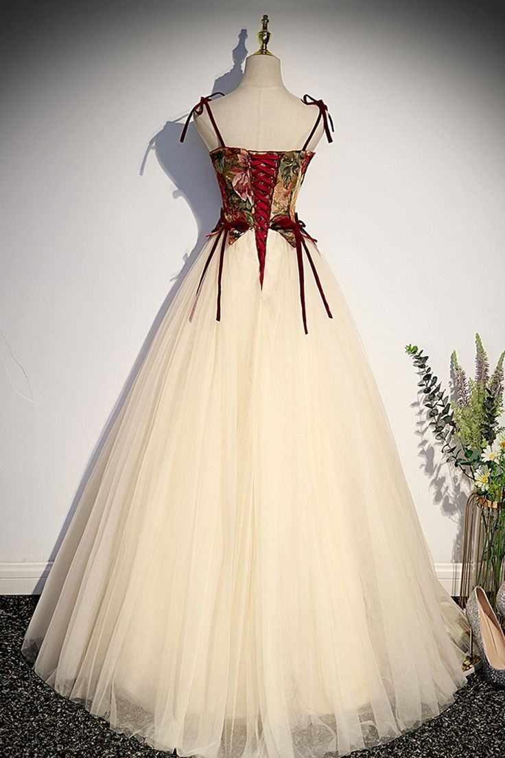 Champagner Tüll Spaghettiträger Langes Ballkleid A-Linie Party Ballkleid Y7952