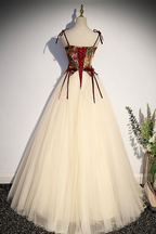 Champagner Tüll Spaghettiträger Langes Ballkleid A-Linie Party Ballkleid Y7952
