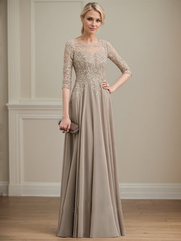 Vestido de gasa con encaje y lentejuelas para madre de la novia, corte A, escote ilusión, largo hasta el suelo
