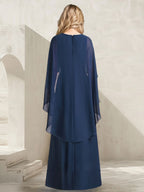 Vestido de gasa para madre de la novia con escote en V, corte A y largo hasta el suelo, con volantes en cascada y cuentas
