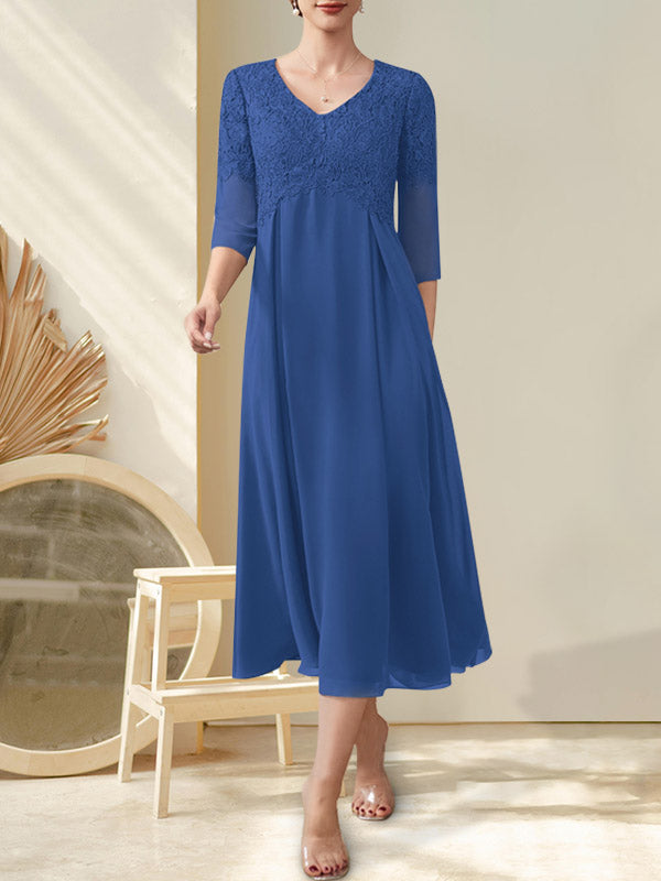 A-Linie V-Ausschnitt Wadenlanges Chiffon-Spitzenkleid für die Brautmutter mit Perlenbesatz
