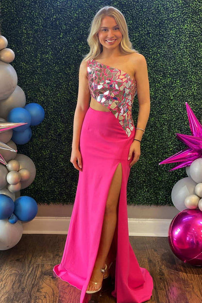 Ashley | Vestido de fiesta con un solo hombro, corte tubo y lentejuelas de espejo