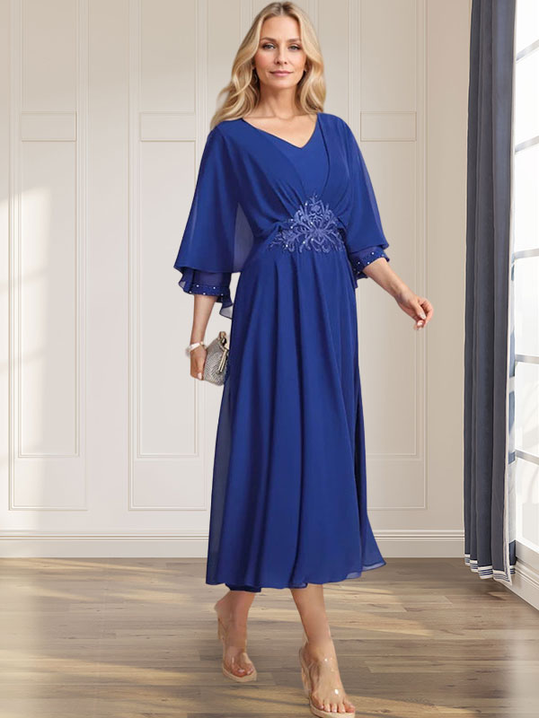Vestido de gasa para madre de la novia con escote en V, corte A, largo hasta la rodilla, con apliques de lentejuelas plisadas y encaje con cuentas