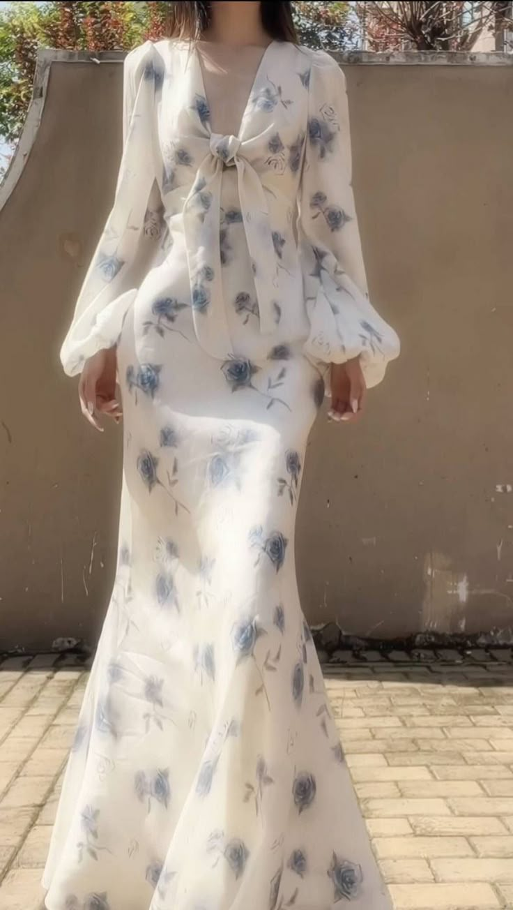 Elegantes eisblaues Chiffon-Blumenkleid mit Rosen-Print, langes Meerjungfrau-Abendkleid Y8407