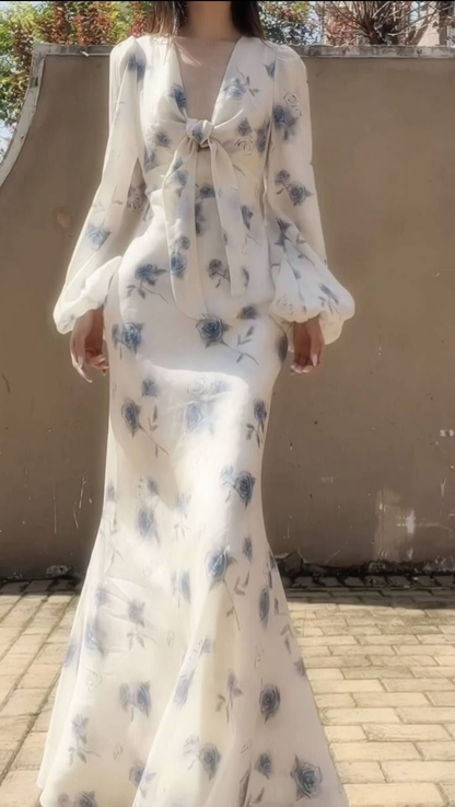 Elegantes eisblaues Chiffon-Blumenkleid mit Rosen-Print, langes Meerjungfrau-Abendkleid Y8407