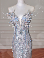 Luxus Silber Pailletten 3D Perlen Meerjungfrau Abendkleid Langes Ballkleid mit Schleife Y8640