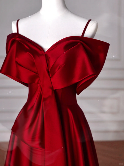 Vestido de fiesta de satén rojo con hombros descubiertos y lazo, corte en A, Y8626