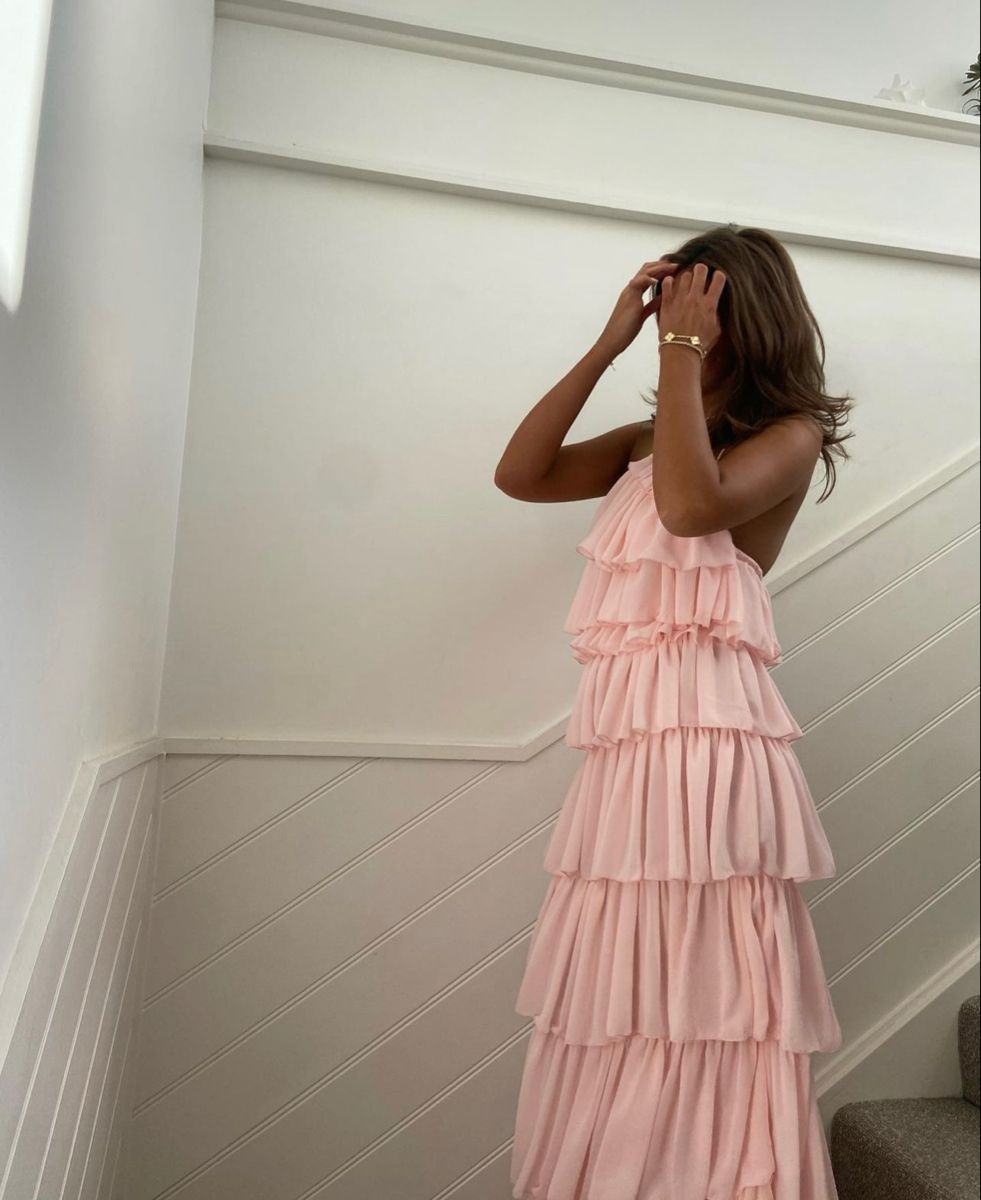 Rosa ärmelloses langes Ballkleid mit Lagenmuster, rosa Abendkleid Y2301