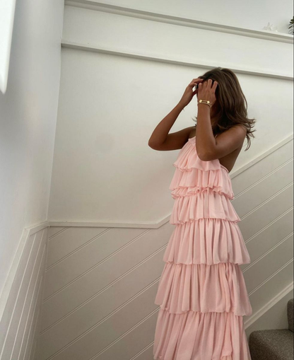 Rosa ärmelloses langes Ballkleid mit Lagenmuster, rosa Abendkleid Y2301