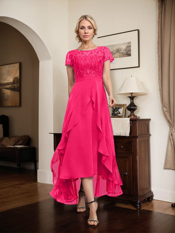 Vestido de madre de la novia de gasa asimétrica con escote en A, ilusión, encaje, lazo, volante y lentejuelas