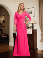 Vestido de madre de la novia de gasa con encaje, escote en V, ilusión, largo hasta el suelo, con lentejuelas plisadas