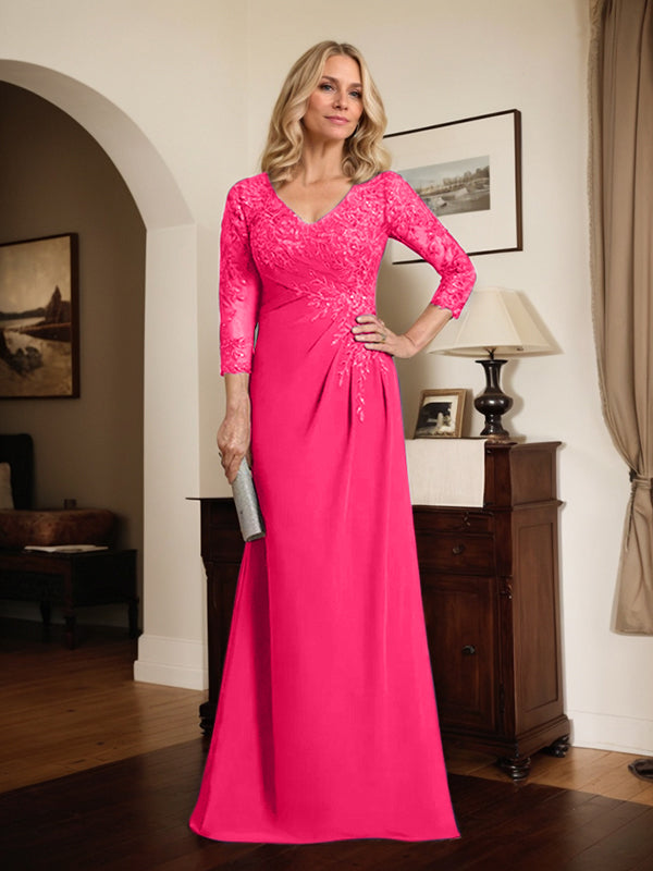 Vestido de madre de la novia de gasa con encaje, escote en V, ilusión, largo hasta el suelo, con lentejuelas plisadas