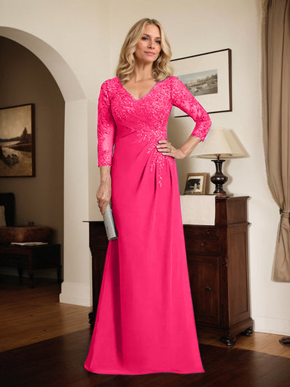 Etui-/Säulen-Kleid mit V-Ausschnitt, bodenlangem Illusion-Spitzen-Chiffon und plissierten Pailletten 