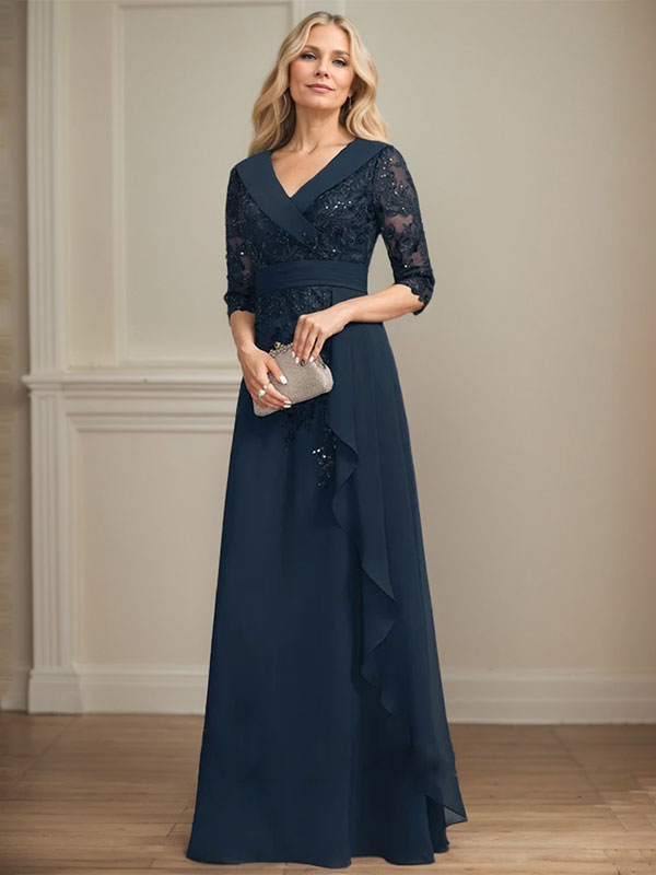 A-Linien-Kleid mit Kragen, V-Ausschnitt, bodenlanges Chiffon-Spitzenkleid für die Brautmutter mit Pailletten und kaskadierenden Rüschen 