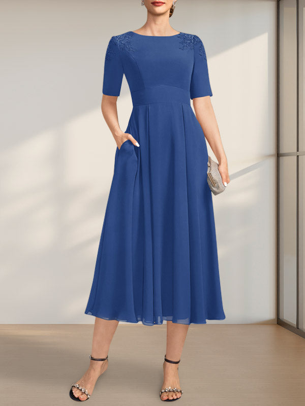 Vestido de gasa para madre de la novia, corte A, escote redondo, largo hasta la rodilla, con apliques de encaje y lentejuelas