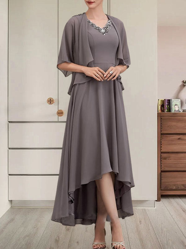 A-Linien-Kleid mit V-Ausschnitt, asymmetrischem Chiffon für die Brautmutter mit Perlen und Pailletten