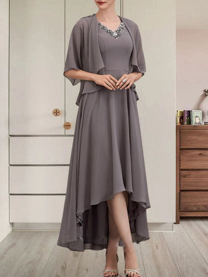 A-Linien-Kleid mit V-Ausschnitt, asymmetrischem Chiffon für die Brautmutter mit Perlen und Pailletten