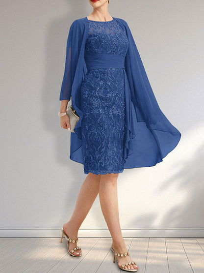 Vestido de madre de la novia de gasa con encaje, escote redondo, ilusión, largo hasta la rodilla, con volantes en cascada y lentejuelas