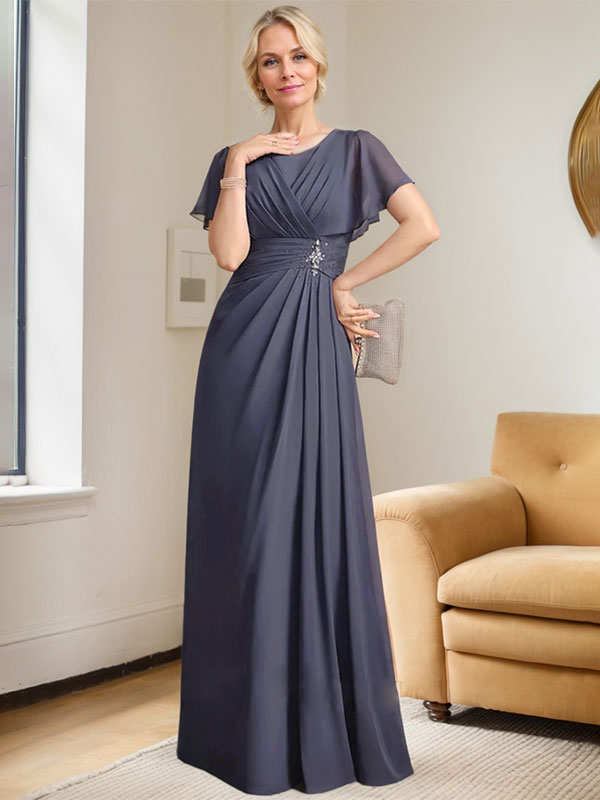 Vestido de gasa para madre de la novia con corte en A, escote redondo y largo hasta el suelo, con cuentas plisadas