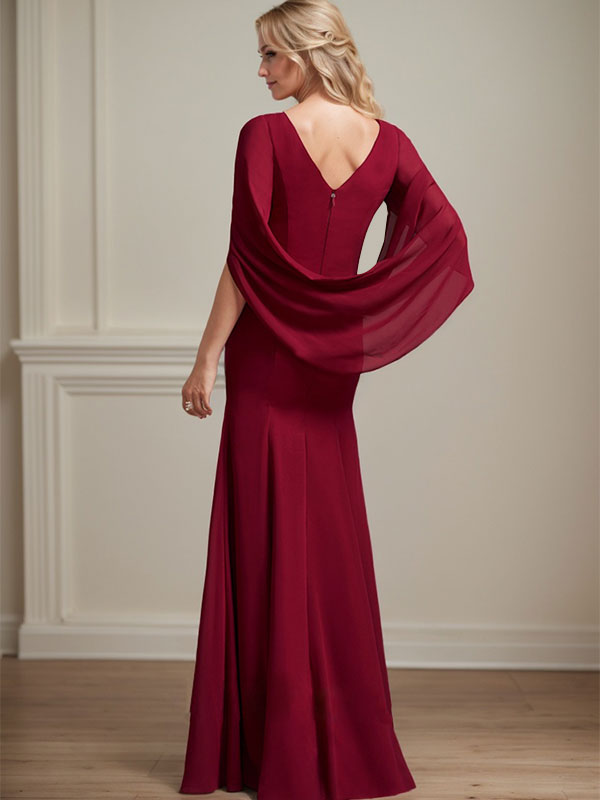 Vestido de madre de la novia de gasa con escote barco, corte trompeta/sirena, largo hasta el suelo, con pliegues