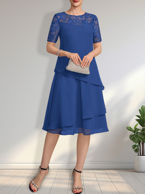 Vestido de gasa con encaje y lentejuelas para madre de la novia, corte A, escote ilusión, largo hasta la rodilla