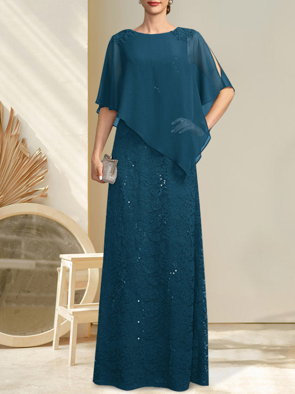 Vestido de madre de la novia de gasa con encaje, escote redondo y largo hasta el suelo, con lentejuelas y abalorios