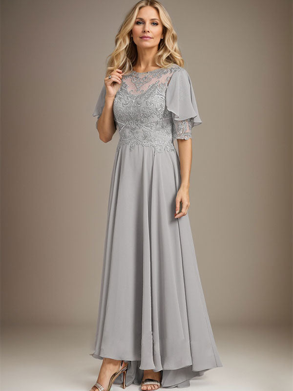 Vestido de madre de la novia de gasa asimétrica con encaje, ilusión, corte A y escote redondo con cuentas