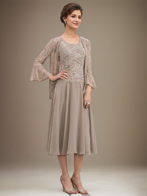 Vestido de gasa con encaje y lentejuelas para madre de la novia, corte A, escote redondo y largo hasta la rodilla