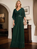 Vestido de gasa para madre de la novia, con escote en V, largo hasta el suelo, con lentejuelas plisadas y abalorios