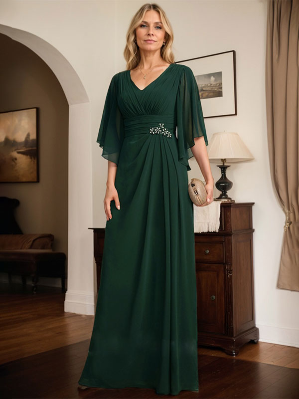 Etui-Linie/Säule V-Ausschnitt Bodenlang Chiffon Kleid für die Brautmutter mit Plissee Pailletten Perlenbesatz