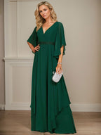 Vestido de gasa para madre de la novia, corte A, escote en V, largo hasta el suelo, con apliques de lentejuelas, encaje y abalorios