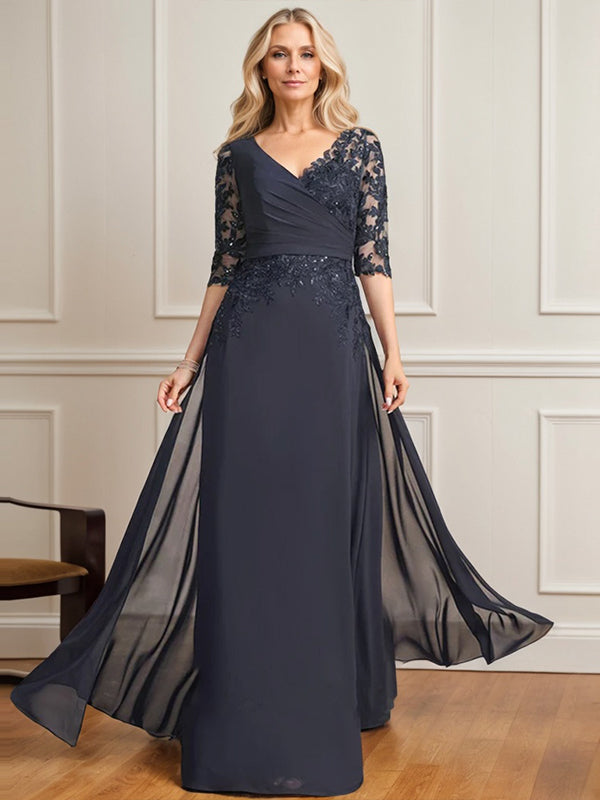 Vestido de madre de la novia de gasa con encaje, escote en V y lentejuelas plisadas hasta el suelo
