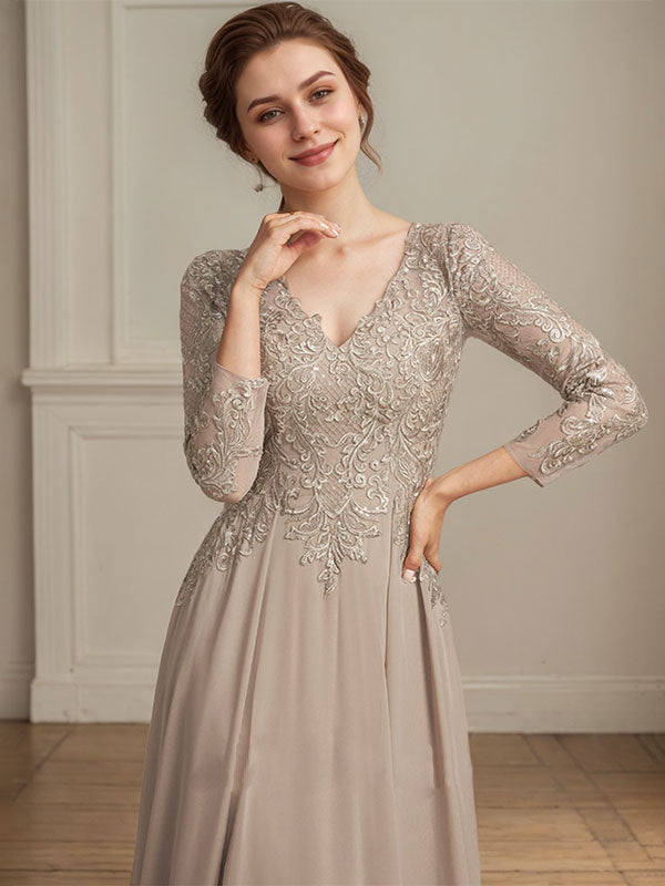 Vestido de madre de la novia de gasa con encaje, escote en V y lentejuelas, largo hasta el suelo