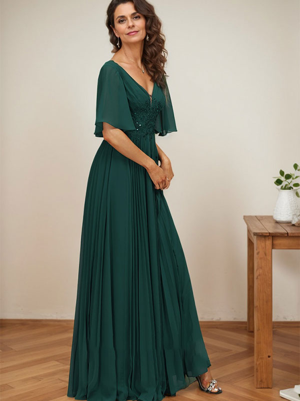 Vestido de gasa para madre de la novia, corte A, escote en V, largo hasta el suelo, con apliques de lentejuelas y encaje plisado