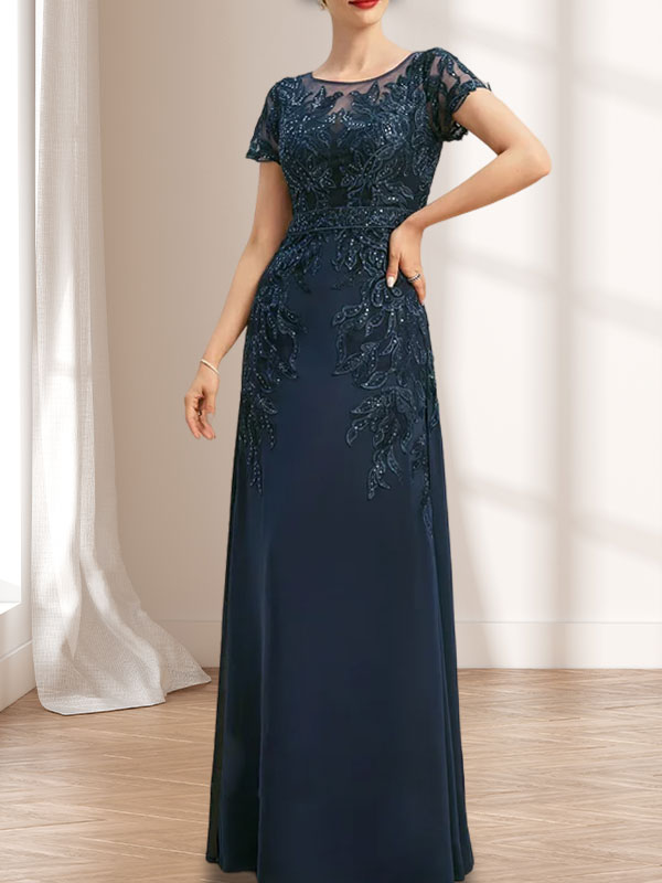 Vestido de madre de la novia de gasa con encaje, escote redondo, ilusión, largo hasta el suelo, con lentejuelas