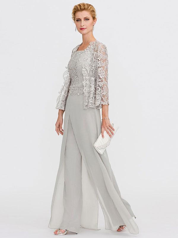 3-teiliger Chiffon-Hosenanzug mit quadratischem Ausschnitt und Jacke für die Mutter der Braut 