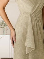 A-Linien-Kleid mit V-Ausschnitt, gerüschtem Metallic-Netz