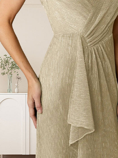 A-Linien-Kleid mit V-Ausschnitt, gerüschtem Metallic-Netz