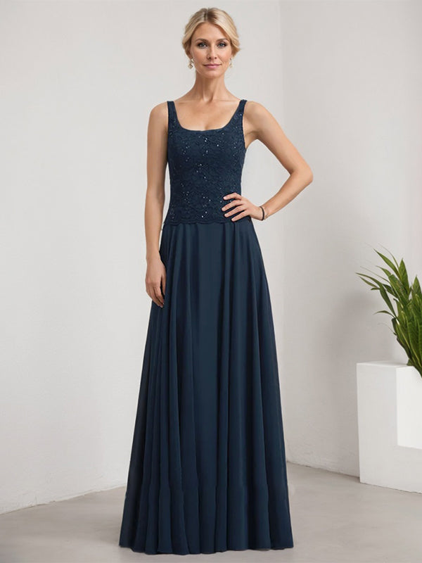 Vestido de madre de la novia de gasa con encaje, corte A, largo hasta el suelo, cuadrado y lentejuelas