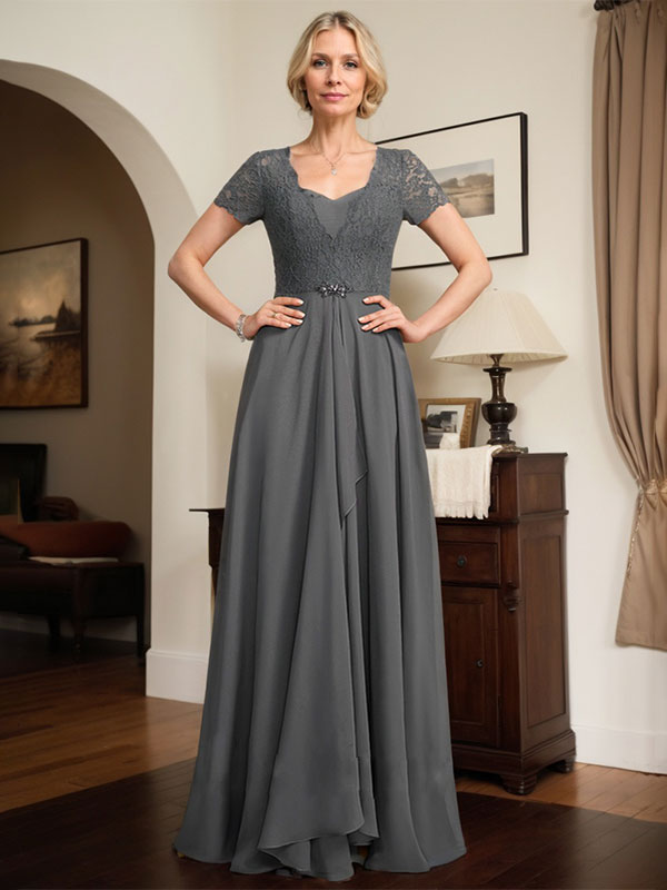 Vestido de madre de la novia de gasa con encaje, corte en A, escote corazón, largo hasta el suelo, con volantes en cascada y cuentas