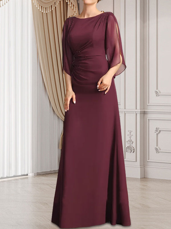 Vestido de gasa para madre de la novia con corte tubo/columna, escote redondo y largo hasta el suelo, con cuentas plisadas