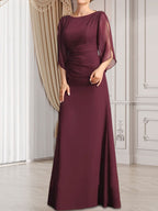 Vestido de gasa para madre de la novia con corte tubo/columna, escote redondo y largo hasta el suelo, con cuentas plisadas
