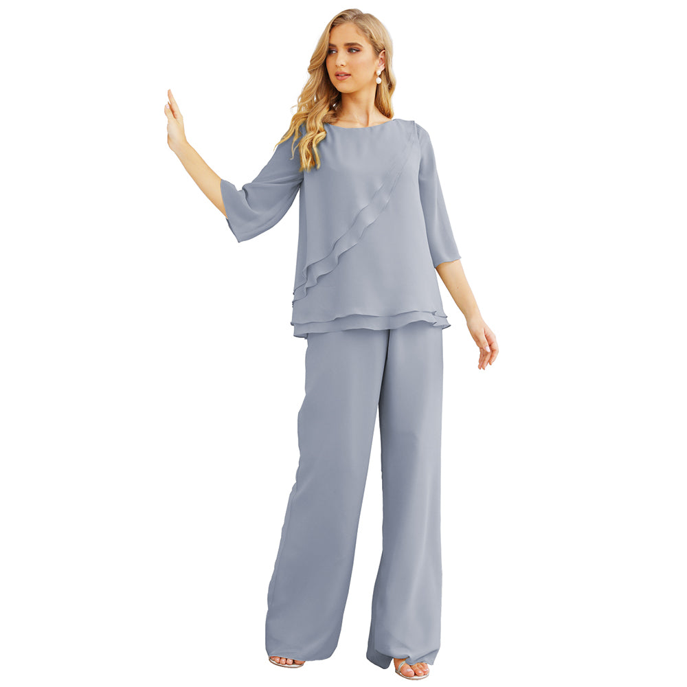 Vestido de gasa para madre de la novia Sunnderly, talla grande, trajes de pantalón con capas con volantes 