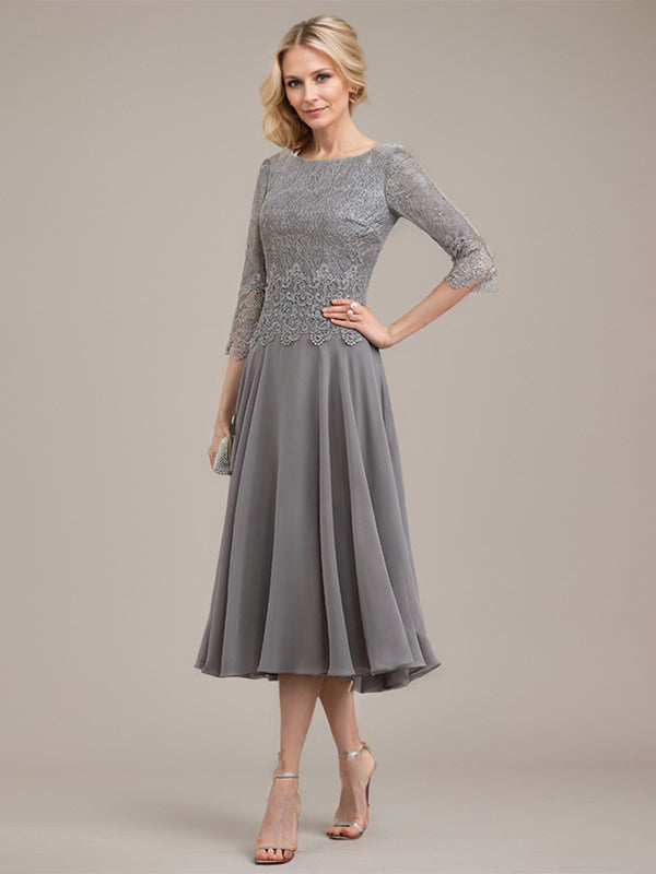Vestido de gasa con encaje y escote redondo hasta la rodilla para madre de la novia