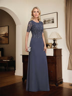 Vestido de gasa con encaje y lentejuelas para madre de la novia, corte A, largo hasta el suelo