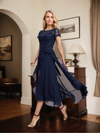 Vestido de madre de la novia de gasa asimétrica con escote en A, ilusión, encaje, lazo, volante y lentejuelas