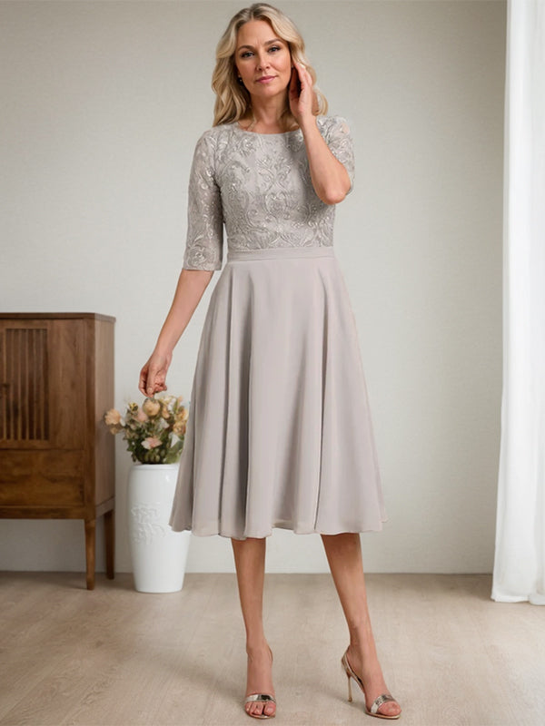 Vestido de gasa con encaje y escote redondo hasta la rodilla para madre de la novia