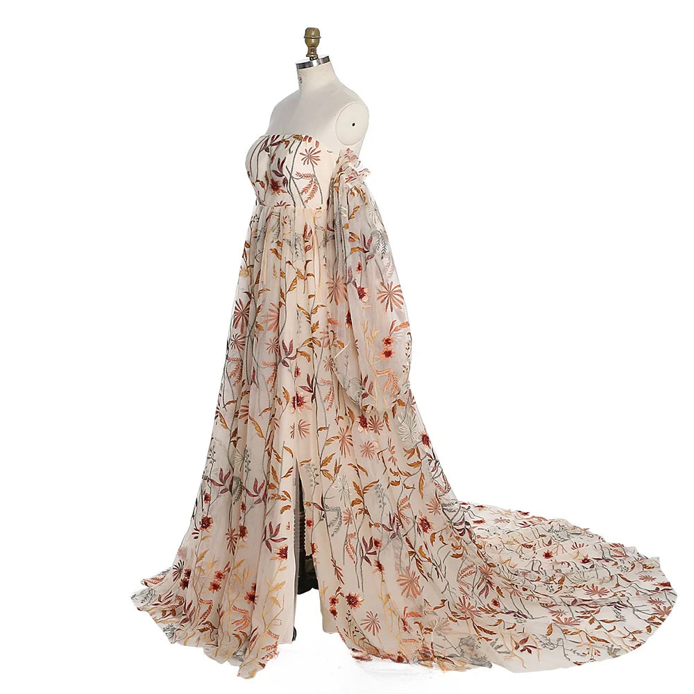 Floral Off Shoulder Embroidery Lace Dress Maternity Dresses for Photo Shoot Side Slit Pregnancy Shooting Dress Sunnderly SY230320